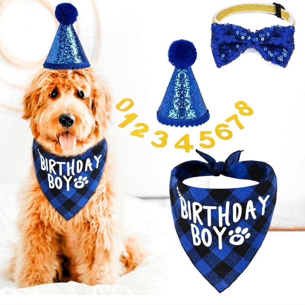 Dog Birthday Party Supplies (X-Large Blue), with Dog Bandana, Bow. NWT